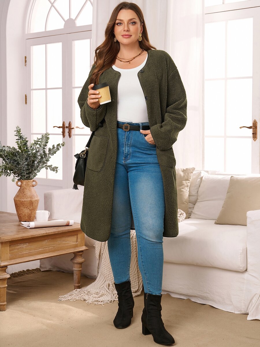 EMERY ROSE Plus Size Women Autumn/Winter Casual Vacation Country Fuzzy Army Green Solid Jacket With Pockets, Fall,Winter Warm Coats,Christmas,Going Out,Business - Army Green - View 1