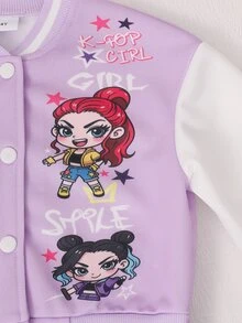 SHEIN Elladie kids Girls' Spring/Autumn Pink & White Colorblock Baseball Jacket, Cartoon Girl Star & Letter Print, Ribbed Stand Collar, Single-Breasted, Short Length, Lo - Purple - View 4