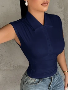 SHEIN SXY قميص صيفي كاجوال بلون موحد بأزرار نصفية مقاس كبير - أزرق بحري - مشاهدة 4
