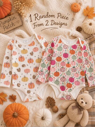 Cream White, Vintage Pastoral Almond Story, Cute Mini Colorful Bow Pumpkin, Forest Animal Pattern, My Cutest Forest Pumpkin, Baby Girl Casual Soft Comfortable Long Sleeve Bodysuit Suitable For Autumn/Winter Daily, Halloween, Pumpkin Season, Thanksgiving, Autumn New Arrival, Autumn Vibe, Random 1pc