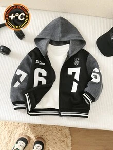 SHEIN 小男孩休閒百搭 67 號色塊拼接厚款連帽外套 - 黑色 - 查看 3