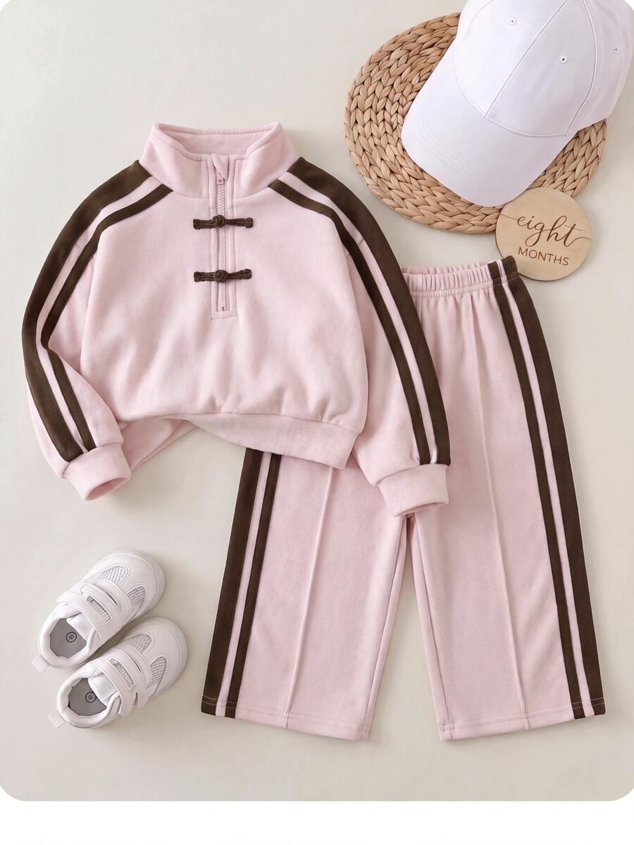 SHEIN Baby Girl Cute Pink Knit Jacket And Elastic Waist Pants Set - Pink - View 1