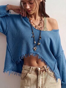 Bohemela 女款性感辣妹刷毛不對稱單肩毛衣 - 寶藍色 - 查看 9