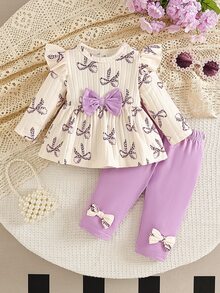 SHEIN Vintaside Kids 2件組新生女嬰杏色蝴蝶結豹紋圓領長袖荷葉袖抓絨內裡羅紋軟布料T恤＋彈性腰休閒粉色長褲，可愛時尚韓風甜美套裝，適合秋冬日常穿著、旅行、度假、派對及其他室內/戶外場合 - 紫色 - 查看 4