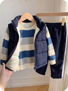 SHEIN 3pcs/Set Young Boy Autumn/Winter Cute Casual Versatile Fleece Lined Thick Vest Jacket, Khaki Striped Sweatshirt, Tracksuit Joggers Long Pants, Suitable For Indoor, Outdoor, Daily, Sports, Play, Party, Photo, Vacation, Holiday - Navy Blue - View 10