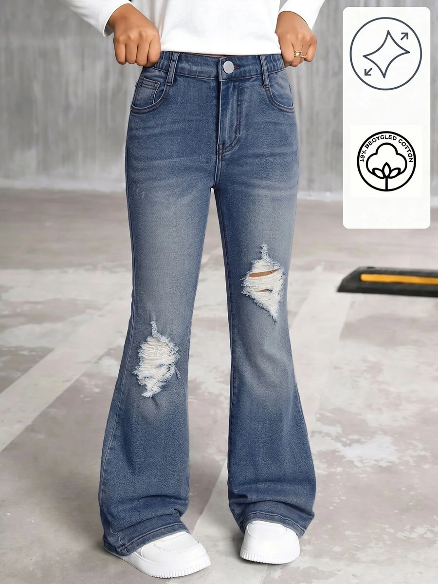 SHEIN Celana Jeans Denim Vintage Washed Fashion untuk Anak Perempuan, Model Flare Leg Bergaya Streetwear dengan Efek Rusak - Dark Wash - View 1