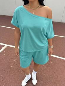 Muchica Conjunto de 2 piezas de top con cuello asimétrico y shorts de unicolor casual de verano para talla grande - Agua verde azul - Ver 4