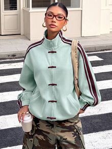 Muchica Women's Striped Contrast Color Frog Button Suede Knit Lightweight Jacket - Mint Green - View 3