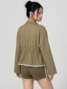 DAZY Lace Trim Drawstring Waist Sports Jacket Fall - Olive Green - View 5