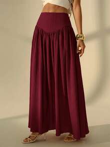 SHEIN Tall Women's Solid Color Pleated Casual Versatile Daily Wear Skirt - Burgundy - View 6