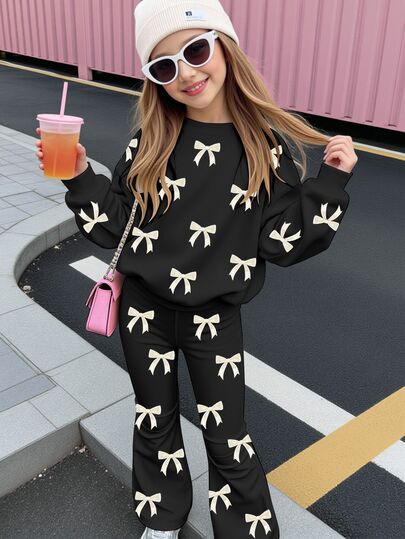 Tween女孩休閒極簡可愛優雅蝴蝶結印花迷人黑色圓領落肩長袖修身衛衣與寬腿褲2件套，適合秋冬，Y2K、Kawaii、舒適秋季與冬季風格，返校季