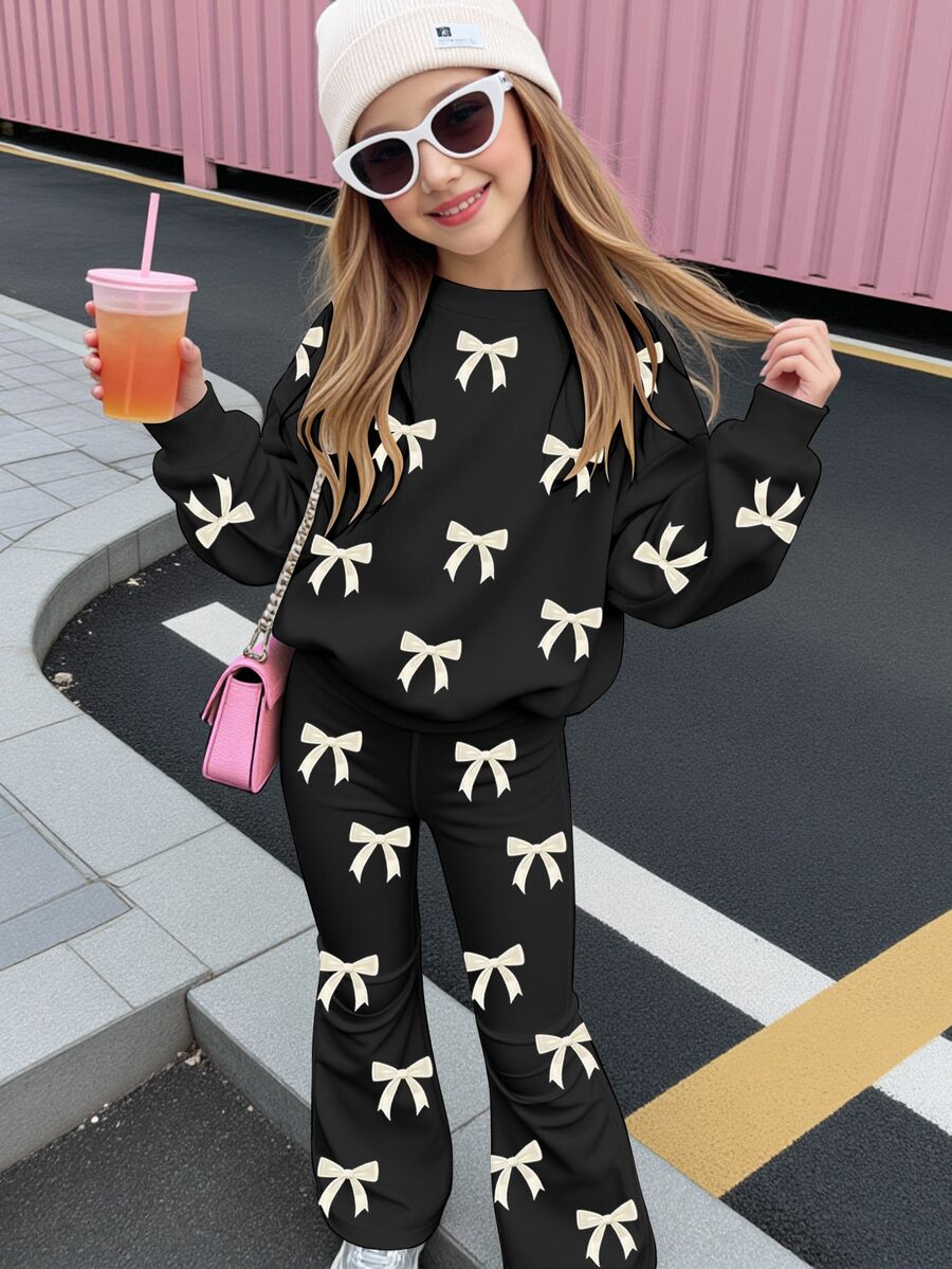 Tween女孩休閒極簡可愛優雅蝴蝶結印花迷人黑色圓領落肩長袖修身衛衣與寬腿褲2件套,適合秋冬,Y2K、Kawaii、舒適秋季與冬季風格,返校季 - 彩色 - 查看 1