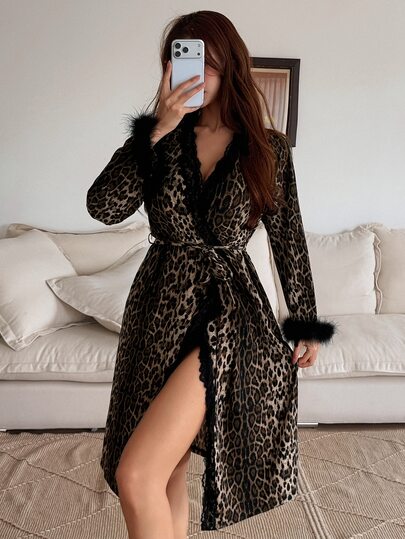 Livesso Women's Leopard Print Plush Patchwork Sexy Daily Home Sleepwear Robe