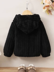 SHEIN 女童秋冬休閒卡其色豹紋毛絨拉鍊連帽開襟外套，緹花細節設計 - 黑色 - 查看 2