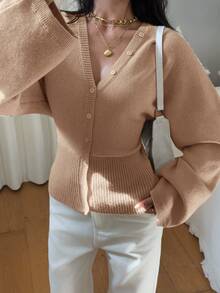 Siren Gaze Women's Solid Color Button-Front Fitted Waist Knit Cardigan, Casual Everyday Wear, Autumn/Winter - Camel - View 7