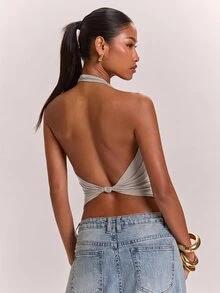 SHEIN BAE 女款針織純色淺灰色休閒通勤掛脖露背打結性感實用背心 T-shirt 寬鬆款，適合夜晚外出、夜店、夏季 - 灰色 - 查看 3