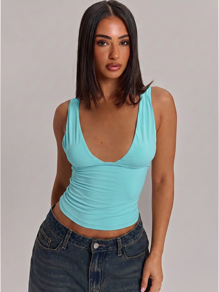 SHEIN BAE Solid Color V-Neck Slim Fit Women's Tank Top, Versatile All-Match Style, Wardrobe Essential, Suitable For Office, All Seasons, Brown Top, Casual Top - Mint Blue - View 5