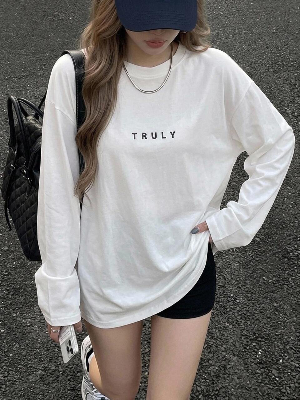 Women's Letter Print Casual Versatile Long Sleeve T-Shirt For Daily Wear Fall