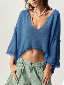 Bohemela 女款性感辣妹刷毛不對稱單肩毛衣 - 寶藍色 - 查看 5