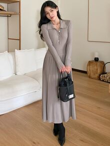 DAZY Women's Elegant Button Half-Placket Waist-Cinching Sweater Dress - Khaki - View 5
