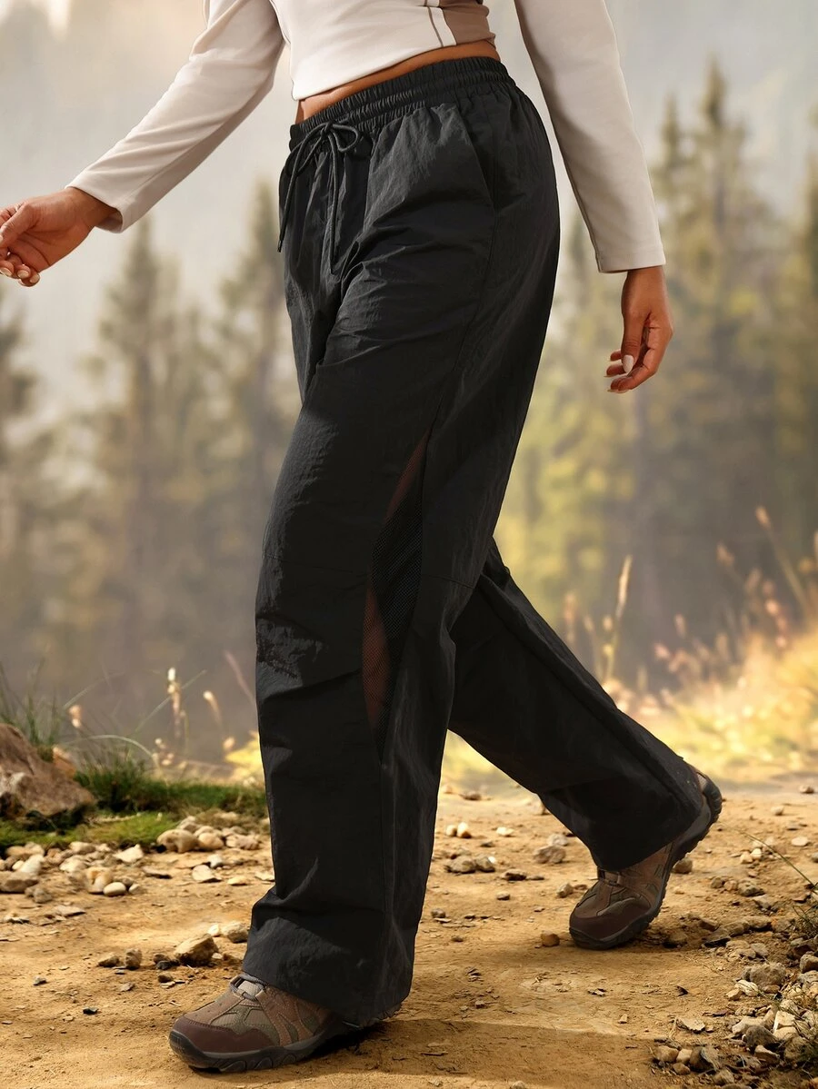 Exploreva Women's Solid Color Loose Waist Tie Outdoor Long Pants - Black - View 1