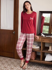 Doze Lane Women's Bow Print Round Neck Long Sleeve Plaid Casual Pajama Set - Red - View 2