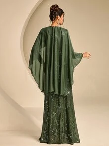 Coutiva 女款優雅派對亮片披肩正式晚禮服 - 軍綠色 - 查看 2
