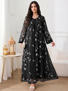 Al Najma 女款優雅刺繡網紗阿拉伯風洋裝 - 黑色 - 查看 1