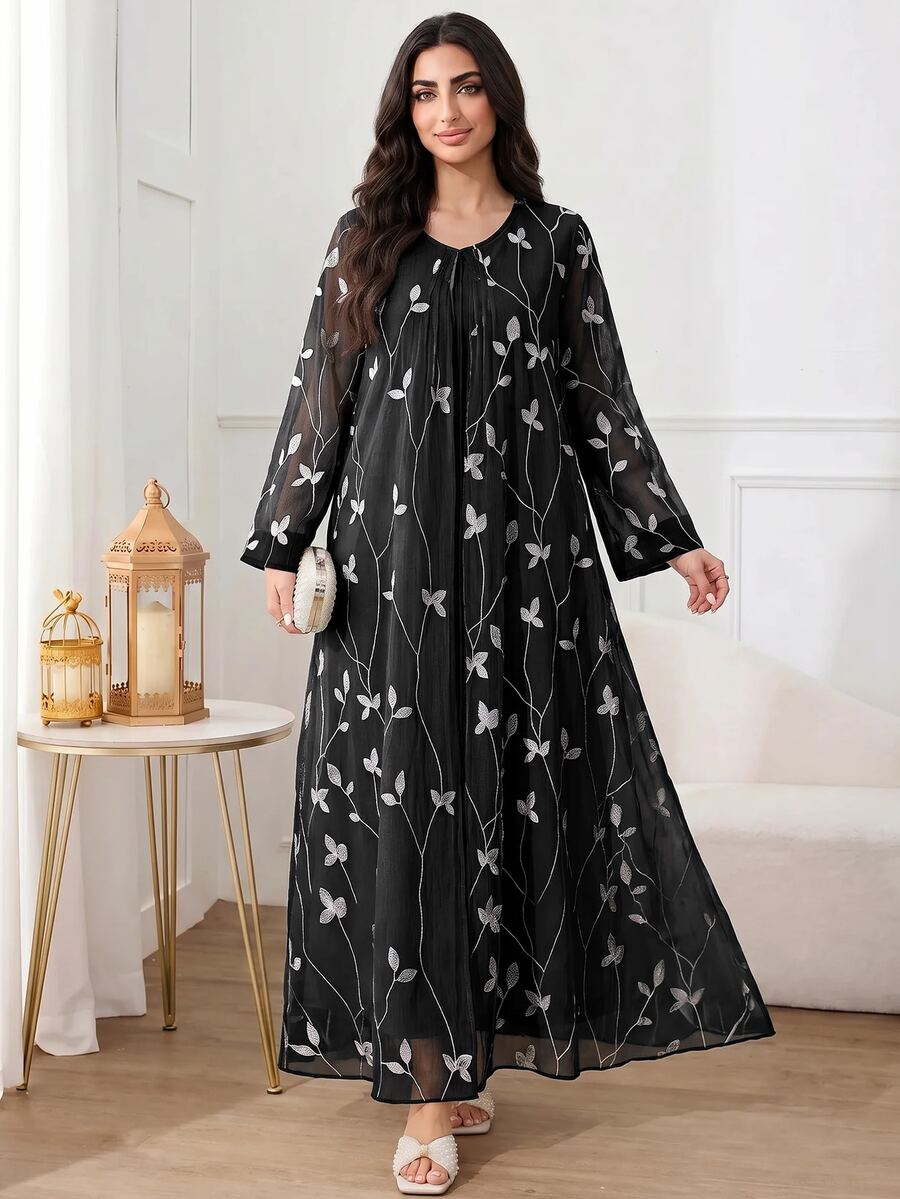 Al Najma 女款優雅刺繡網紗阿拉伯風洋裝 - 黑色 - 查看 1