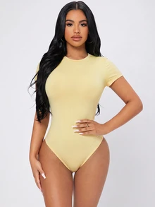 SHEIN PETITE 女款純色極簡百搭圓領連身衣 - 淡黃色 - 查看 5