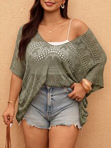 SHEIN CURVE+ 大尺碼女款休閒簡約套頭針織上衣，白色，適合休閒度假、日常穿著 - 綠色 - 查看 4