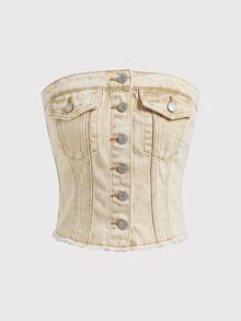 SHEIN MOD 女款單排扣休閒百搭日常牛仔抹胸上衣 - 駝色 - 查看 1