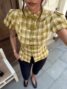 EastFlair 女款格紋休閒優雅百搭日常短袖上衣 夏季/早午餐 橄欖綠 - 彩色 - 查看 6