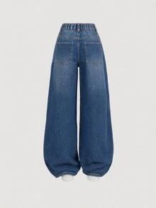 SHEIN ICON 女款寬腿鬆垮休閒百搭牛仔褲，附口袋 - 黑色 - 查看 2