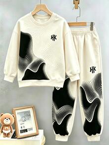 2pcs/Set Boys Abstract Wavy Pattern Letter Print Sweatshirt & Joggers Set, Crew Neck Long Sleeve Pullover Top + Elastic Waist Ribbed Cuffed Long Pants, Thickened Casual Autumn/Winter Outfit For Teen Boys - Multicolor - View 3