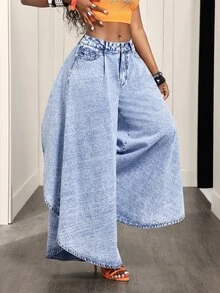 Slaydiva Women's Casual Daily Travel Denim Jeans With Pockets And Buttons - Blue - View 1