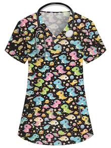 PopScrub V-Neck Short Sleeve Double Pocket Cartoon Print, Pattern Design Print Nurse/Doctor Work Uniform Top/Health Check-Up Scrub Uniform, Cute Little Dinosaur, Starry Sky, Full Star Cartoon Print Pattern Design Print Nurse, Laboratory, Doctor Work Uniform, Multi-Pocket Functional Women's Top - Black - View 1