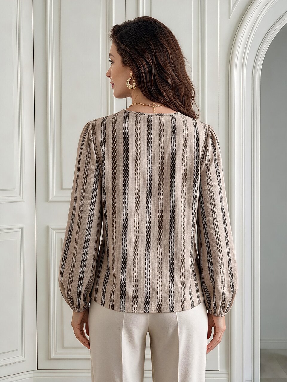 Women's Striped Notch V-Neck Casual Daily Wear Blouse