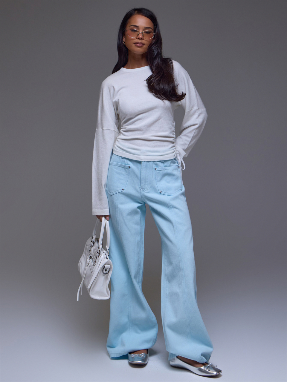 White Long Sleeve Ruched Side Detail Top