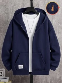 SHEIN 青少年男孩寬鬆灰色運動衫秋季夾克，休閒學院風，柔軟面料，返校季，畢業季，白色，冬季，舒適時尚 - 藏蓝色 - 查看 1