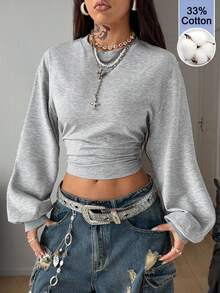 Coolane 女款純色百褶修身百搭日常休閒長袖運動衫 - 灰色 - 查看 1
