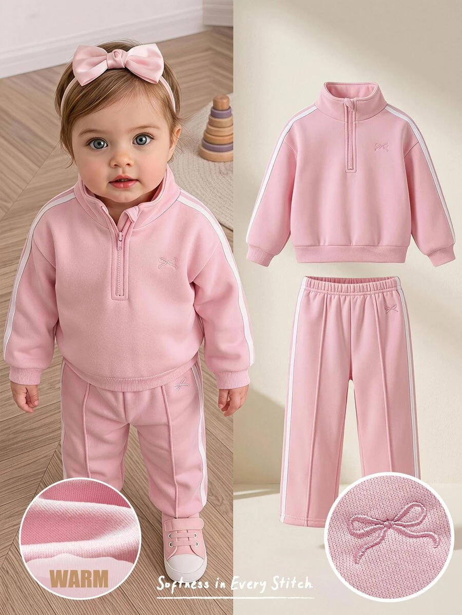 Cozy Pixies 女嬰秋冬抓絨個性化時尚刺繡字母拉鍊連帽外套與長褲兩件套,適合外出、居家及其他場合 - 粉色 - 查看 1