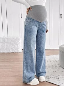 SHEIN 孕婦拼接色休閒日常穿著牛仔寬腿褲 - 藍色 - 查看 6