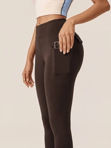 SHEIN BAE Women Brown Pocket High Waist Leggings Tummy Control Gym Workout Training Running Yoga Athletic Pants - Coffee Brown - View 4