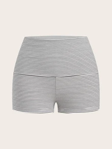 SHEIN BASICS 休閒極簡風彈性腰頭黑白細條紋針織短褲，適合春夏穿著 - 彩色 - 查看 7