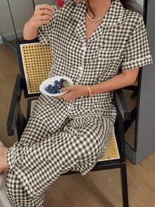 Napfluff Bubble Crinkle Polka Dot & Plaid Print Short Sleeve Long Pants Pajama Set - Multicolor - View 3