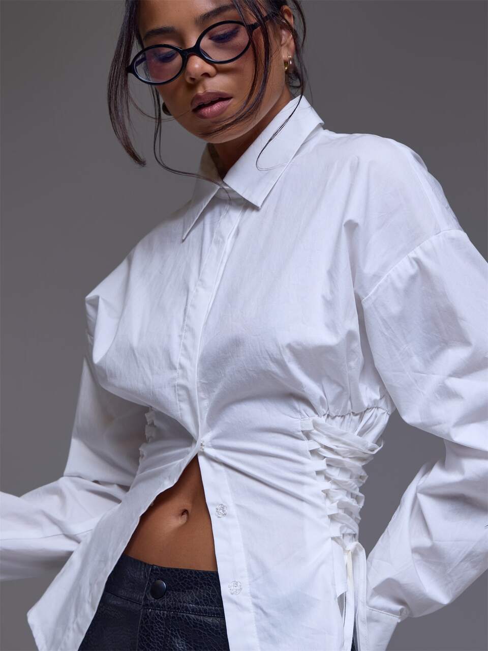 White Lace Up Detail Long Sleeve Shirt Top