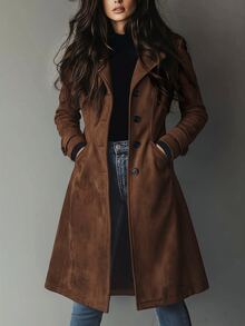 LUMIGAL Women French Style Coffee Brown Long Sleeve Coat, Elegant Faux Suede Pocket Winter Outerwear For Christmas Halloween New Year Party And Commute - Coffee Brown - View 1