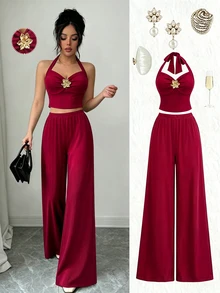 Selianne New American Retro Y2K Hot Girl Ribbed Set Metal Flower Slim Fit Flattering Short Spaghetti Strap Tank Top + Straight Leg Pants Women's 2 Pieces Set - Burgundy - View 6