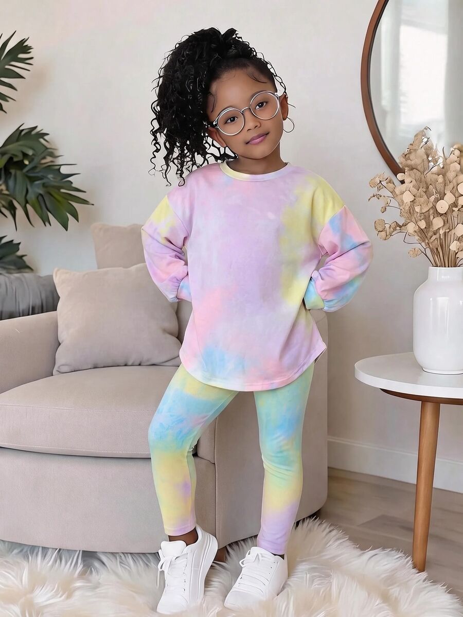 2pcs/Set Young Girl Fashion Casual Drop Shoulder Ribbed Knit "Smiling Face" Pattern T-Shirt & Leggings Pink Set - Comfortable Autumn Ribbed Knit Casual Outfit For Girls - Multicolor - View 1